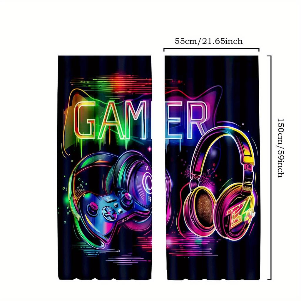 Gamer Blackout Curtains 2pcs Vibrant Gamer-Themed Blackout Curtains | Polyester, Semi-Transparent, Machine Washable - Modern