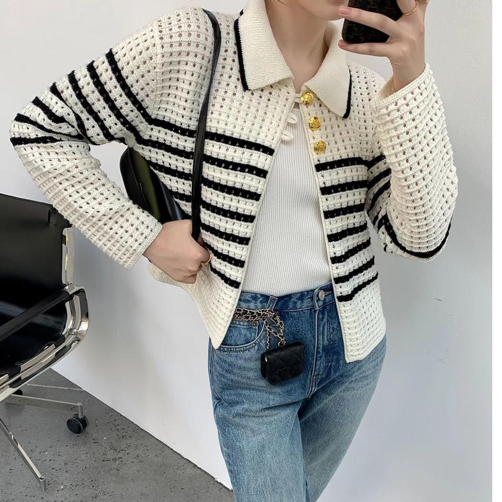 Hollow Striped Knitted Cardigan for Women In Autumn Winter Chic and Sweet Spicy Short Sweater Coat