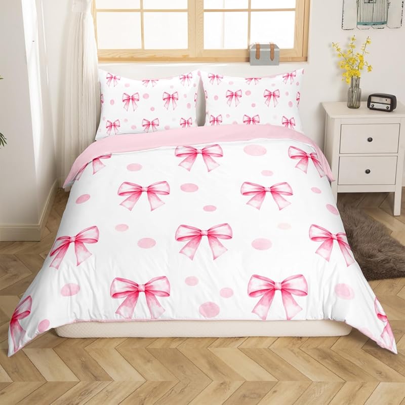 Cartoon pink bow princess bedding set, girls' bedroom decoration pink and white duvet cover, 2 pillowcases