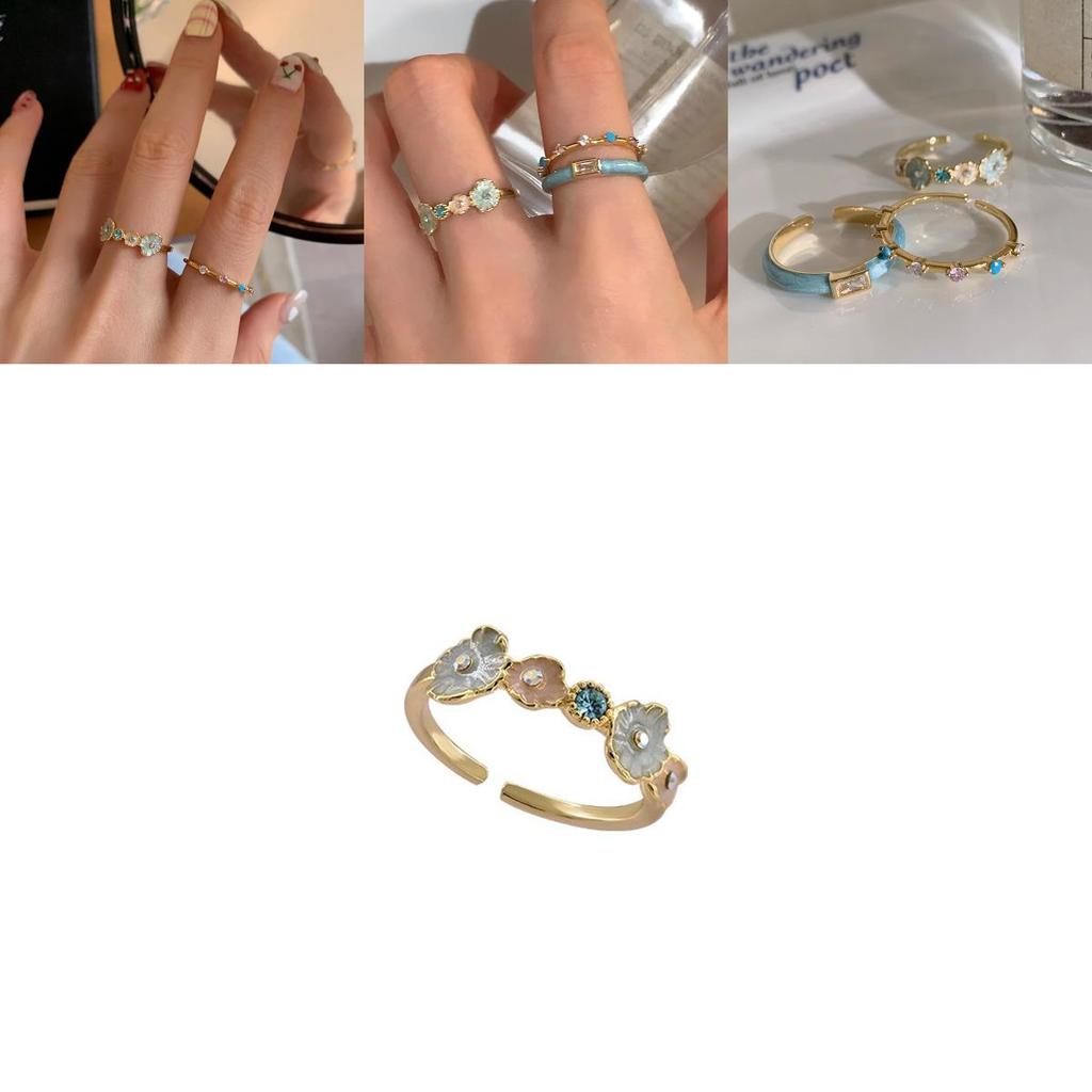 Stunning Glacier Mint Blue Enamel Ring Featuring Unique Floral Design For Women