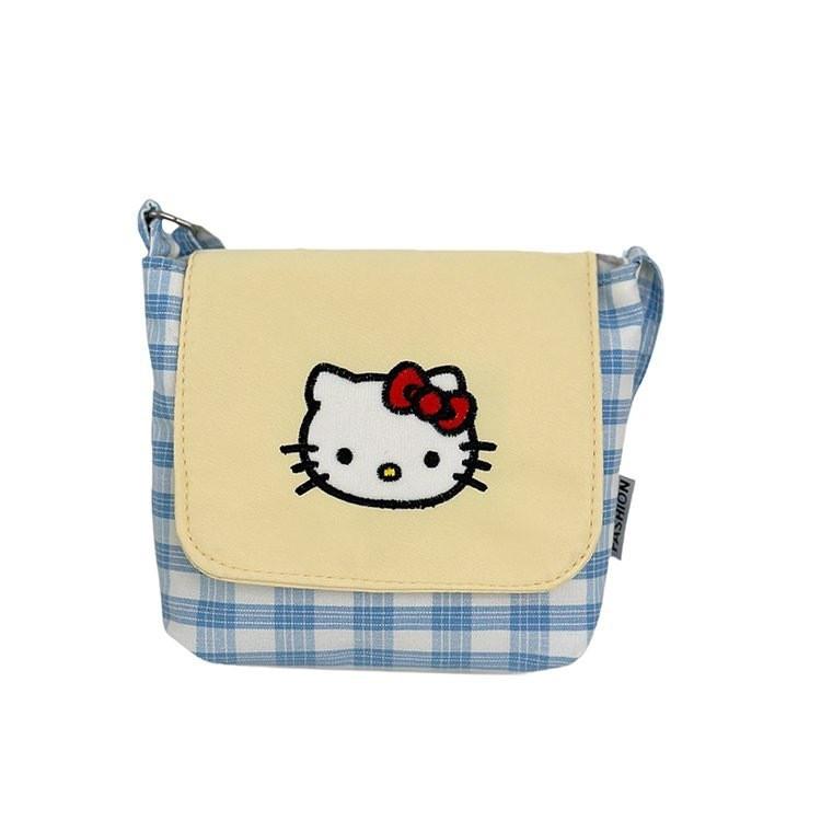 Hello Kitty Fashion Crossbody Bag With Plaid Pattern And Nylon Material For Women