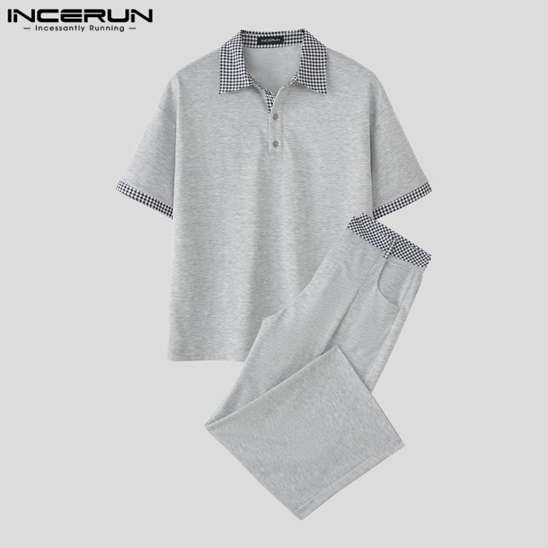 INCERUN Two Pieces Men Lapel Neck Short Sleeve Plaid T-Shirt Long Straight Pants Sets Outfits