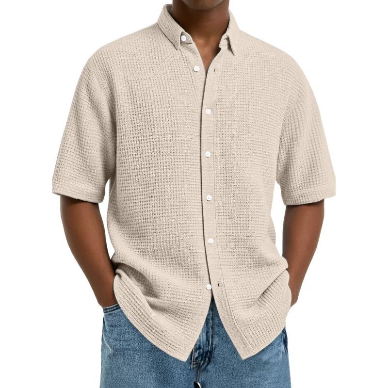 Men's Short-Sleeve Waffle-Knit Collared Shirt - Breathable Casual Button-Down Loose-Fit Top