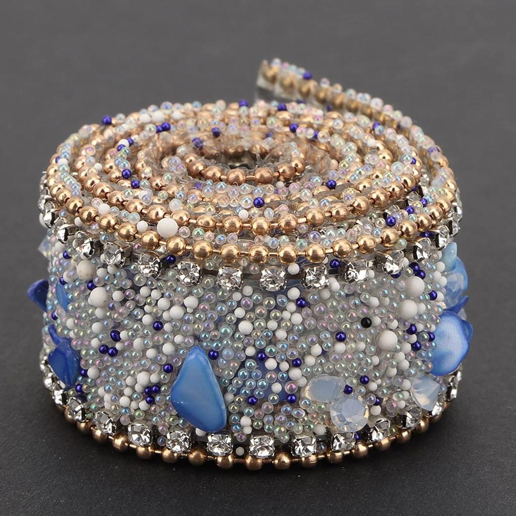 Diamond Ribbon, Dazzling 2.5cm DIY Diamond Mesh Wrap Roll Crystal Rhinestones Chain Trim Ribbon Decoration (Sapphire Blue Stone + Gold Bead Chain)