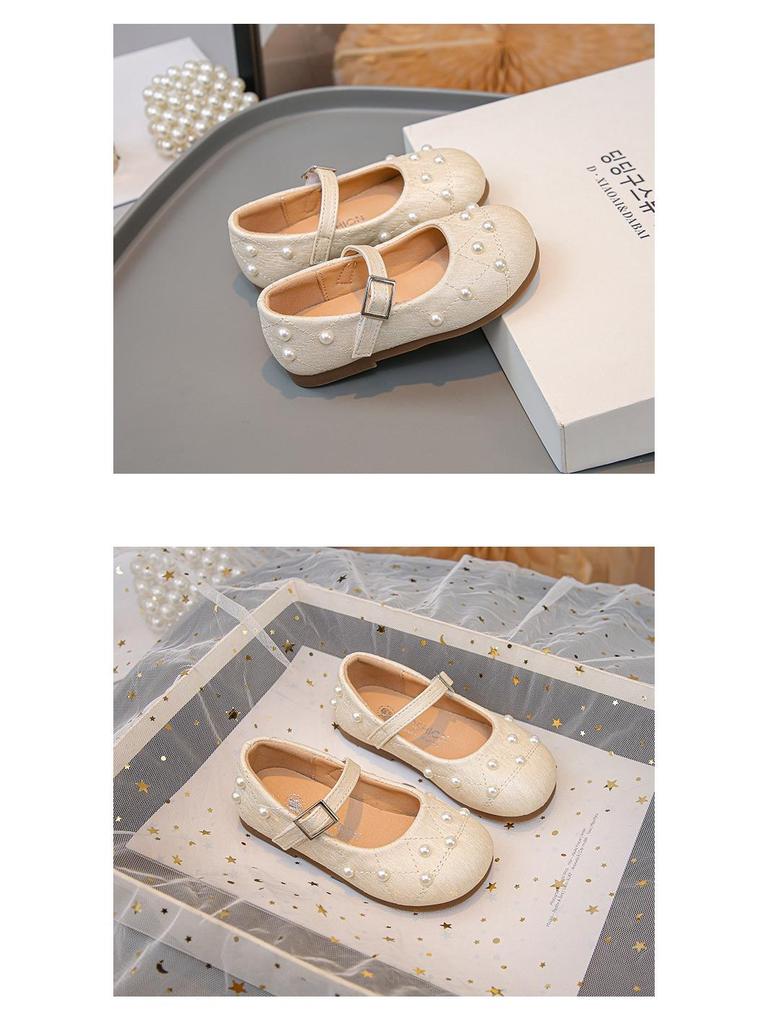 Girls' Black Soft-Soled Leather Mary Janes with Pearls - New 2026 Spring/Autumn Ballet Performance & Casual Shoes