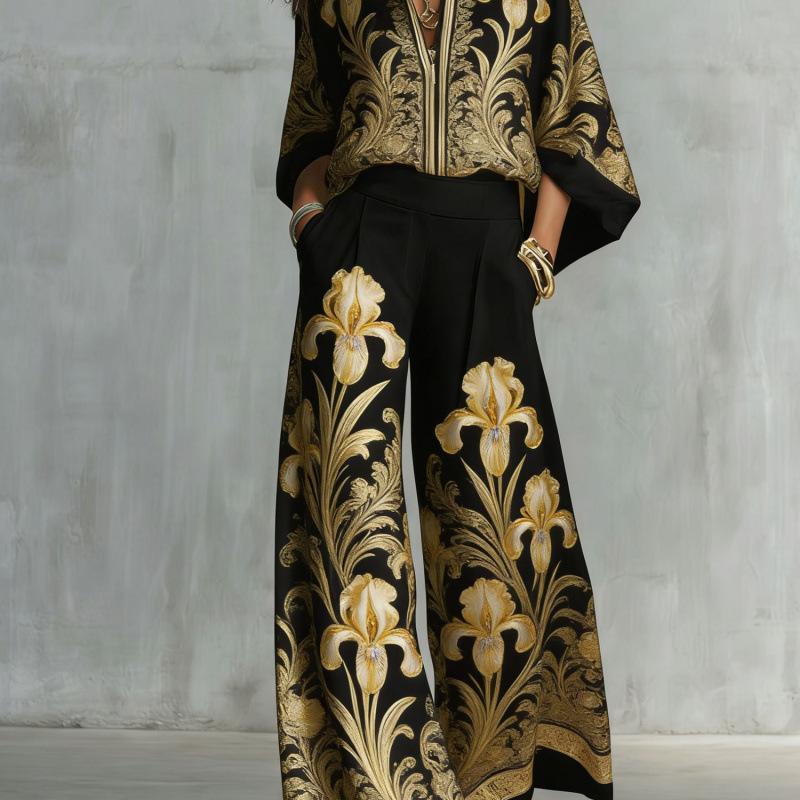 1116 New European and American Style Fashion Luxury Black Gold Baroque Print Nine-quarter Sleeve Wide-leg Pants Set Women's Two-piece Set