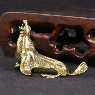 Antique Pure Brass Sea Lion Figurines Miniatures Creative Brass Animal Desktop Ornament Crafts Home Garden Decorations Gifts