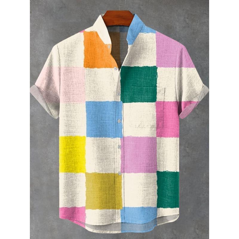 Hawaiian Men s Short Sleeve Shirt 3D Grid Printed Casual Fashion Button Flap Top Comfortable Breathable S