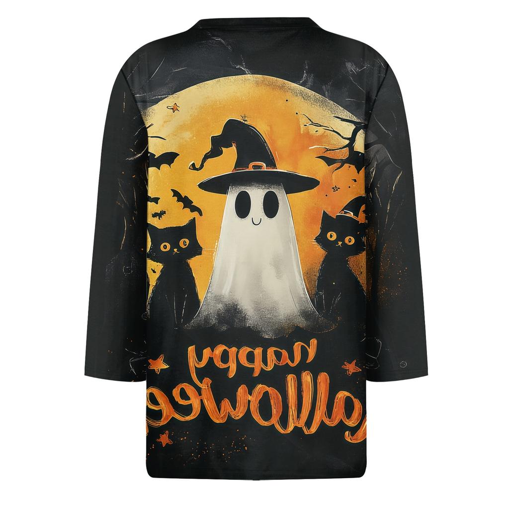 Women's 3/4 Sleeve Loose Fit Casual Shirt Round Neck Halloween Print Top Comfortable Lightweight Fabric Suitable for Everyday Wear