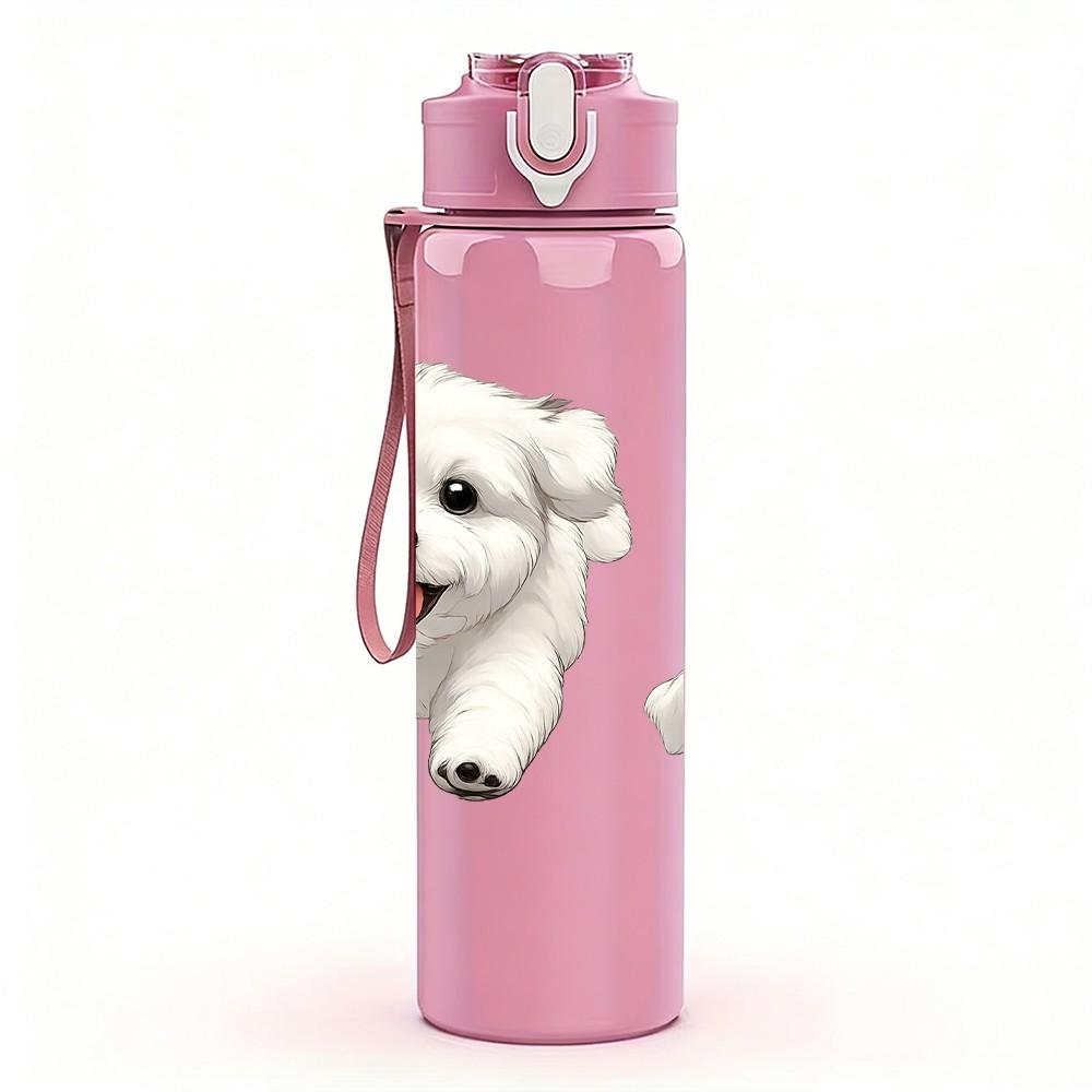 1PC Two White Puppy Dog 750ml Color Plastic Sports Water Bottle Leakproof Flip Straw Lid Suitable for Sports Office Home Use