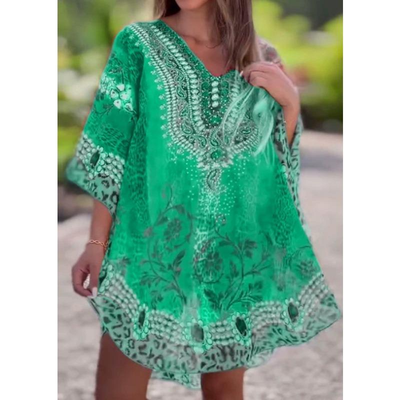 Women's Spring Fashion V-neck National Style Print Loose Smock Dress