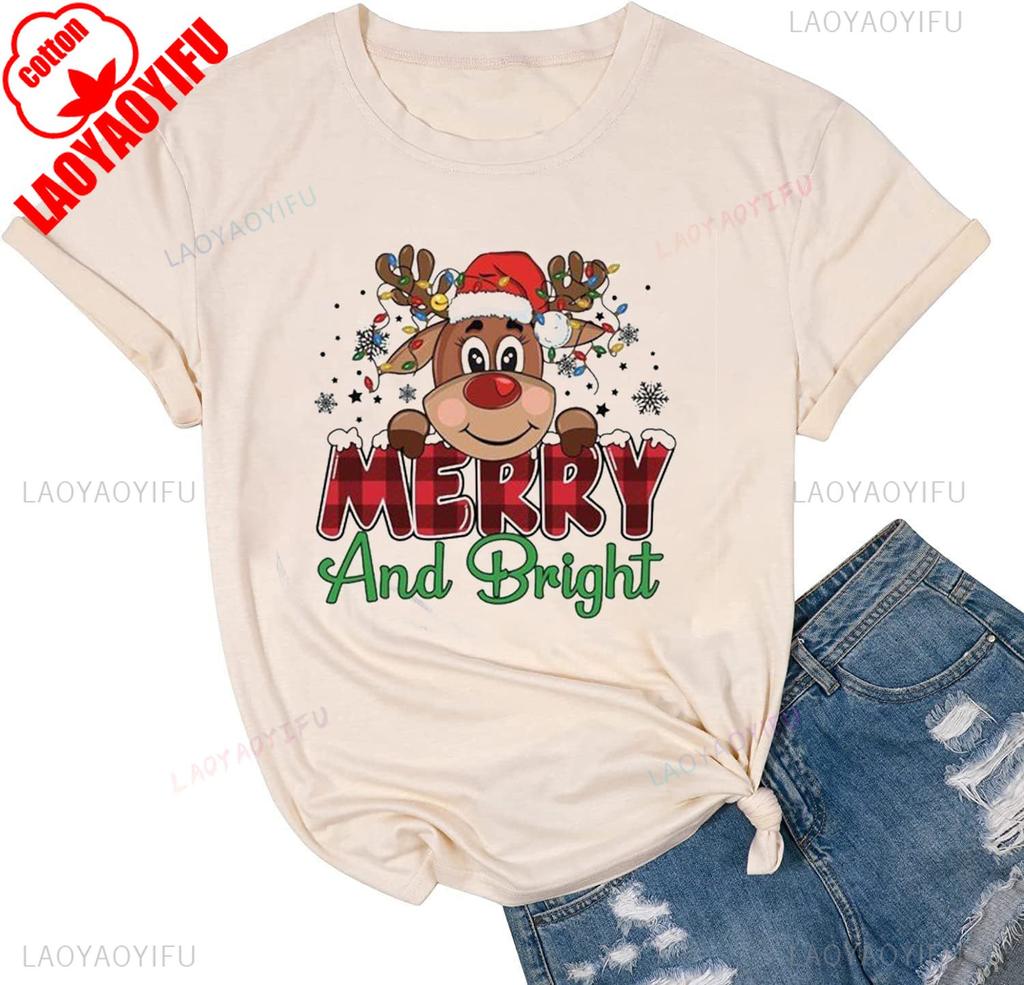 New Year Xmas Gift Merry Christmas Cotton Shirts for Women Merry and Bright Tree Graphic Holiday Printed TShirt Tops Unisex Tee