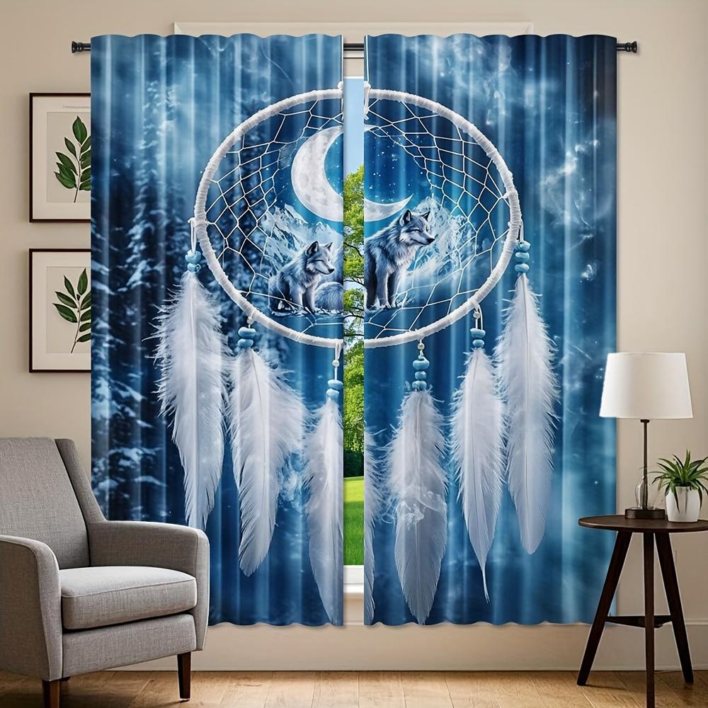 2pcs Bohemian Wolf & Snowy Mountain Dream Catcher Curtains - Digital Print   Polyester   Semi-Transparent   Machine Washable   Conte
