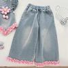 Girls' 2025 Autumn Denim Three-Piece Set: Fashionable Top, Elastic Base Layer & Wide-Leg Pants