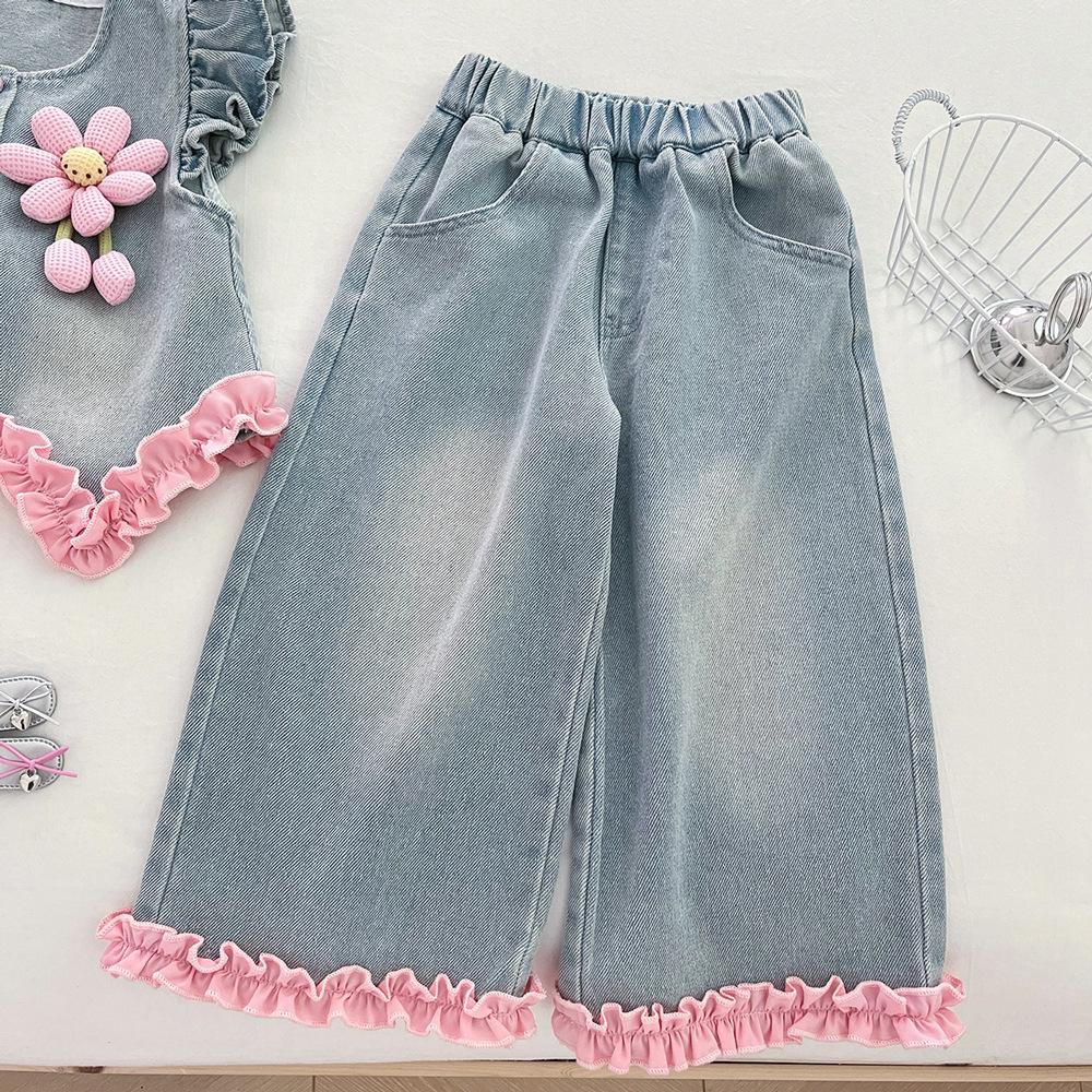 Girls' 2025 Autumn Denim Three-Piece Set: Fashionable Top, Elastic Base Layer & Wide-Leg Pants