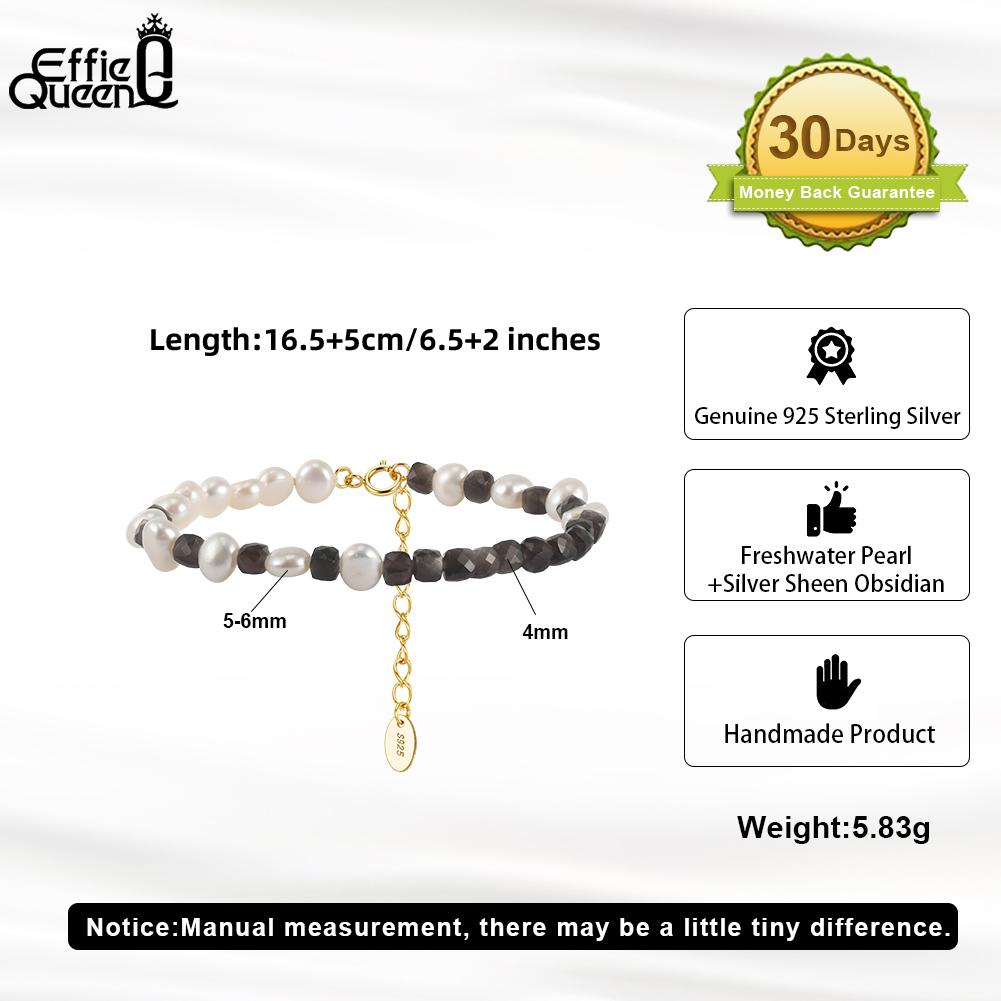 Effie Queen Natural Black Obsidian Beaded Bangle 925 Sterling Silver Black Obsidian Pearls Bracelet Fashion Jewelry Gift MPB26