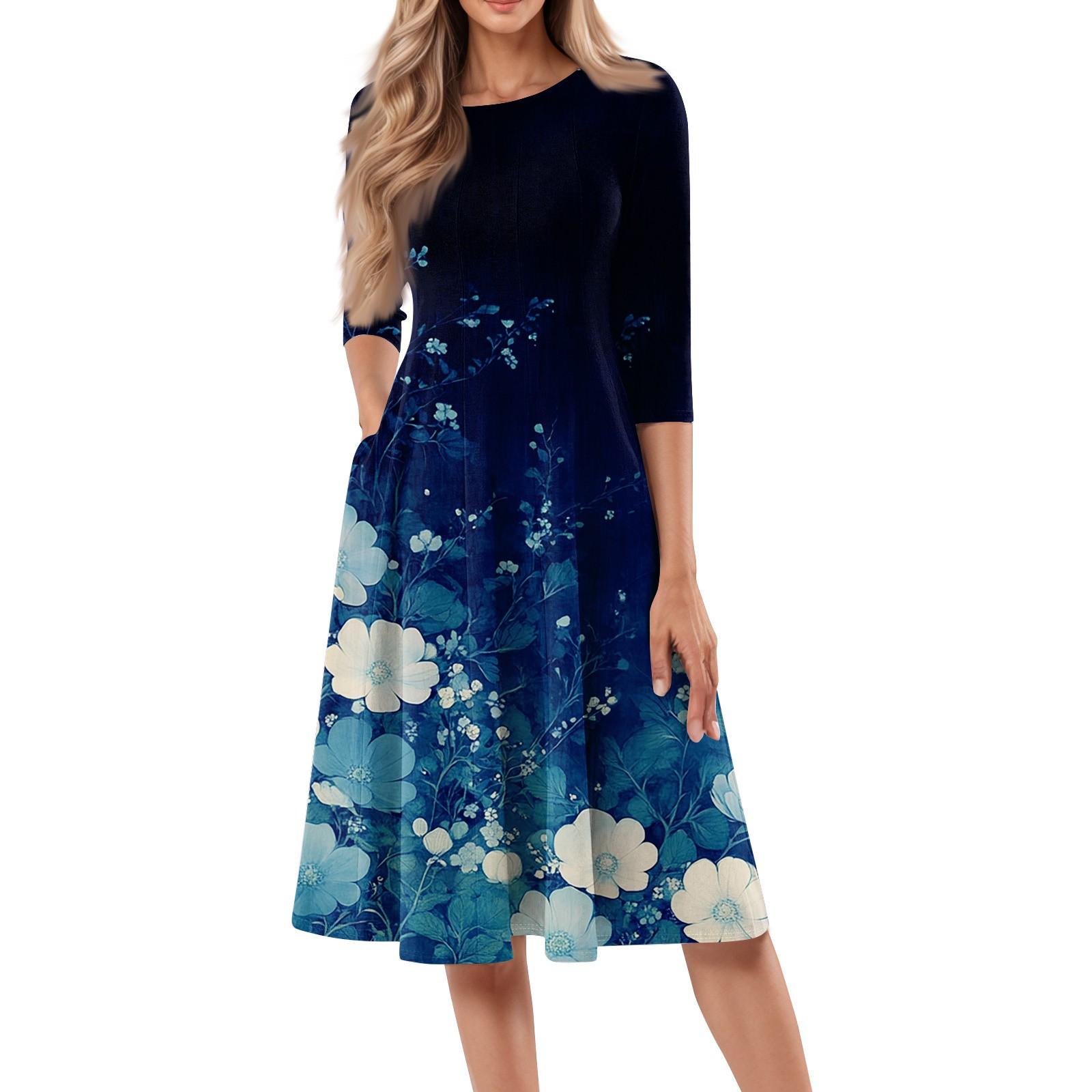 

Женское повседневное модное платье миди с круглым вырезом и рукавом три четверти с цветочным принтом XXL