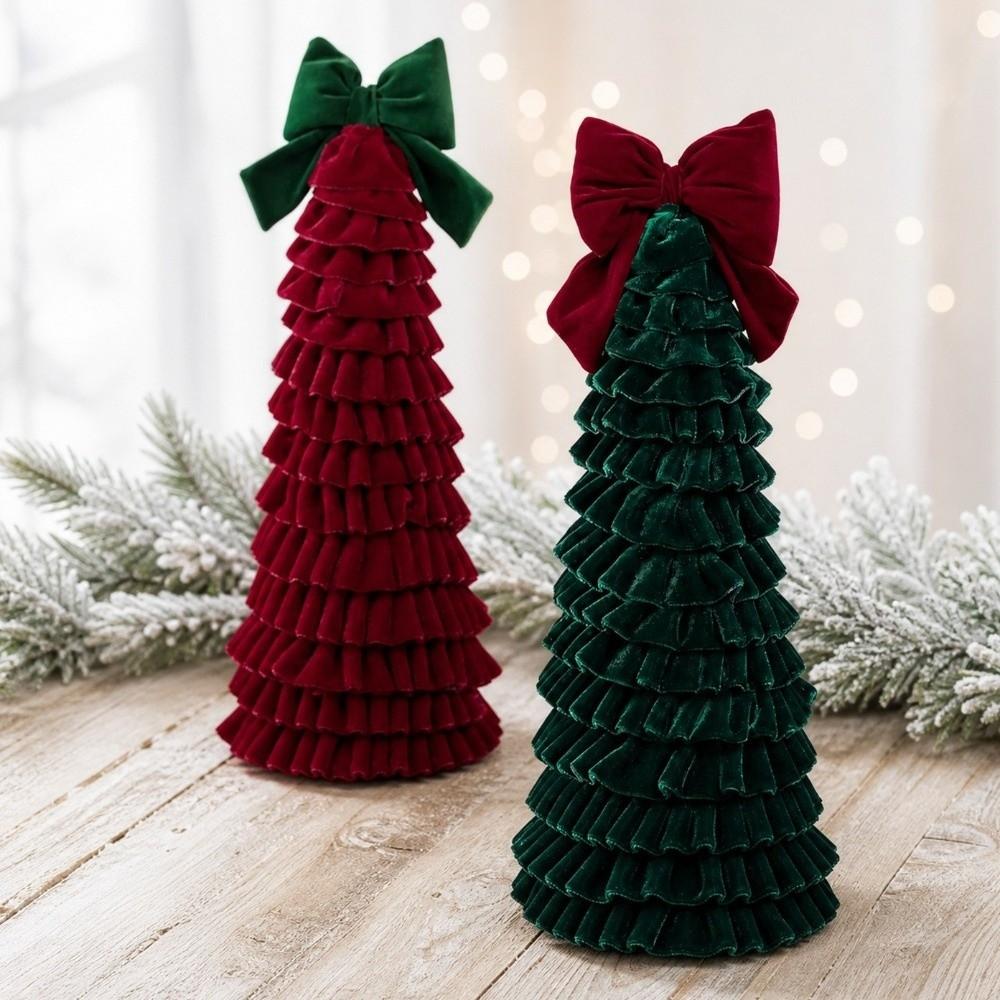 Bow Decor Christmas Tree Ornament Exquisite Tree Shape Bowknot Ruffled Style Tree Tower Home Decor