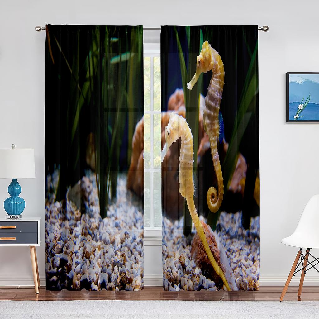 Ocean Seahorse Blue Sheer Voile Curtain Underwater Marine Life Window Tulle Curtains for Living Room Bedroom Kitchen Decoration