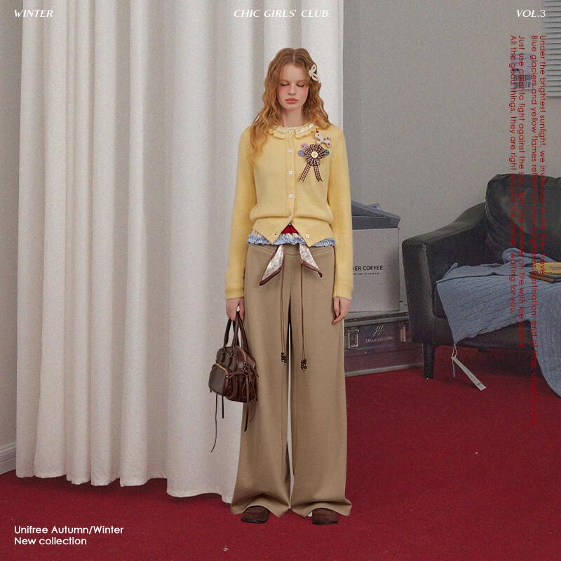 unifree Women's Retro Knit Drawstring Wide-Leg Lounge Pants