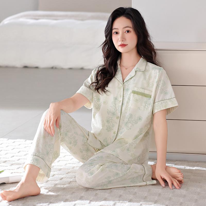 Pajamas women's summer cotton short-sleeved trousers thin summer 1011 new large-size summer cardigan loungewear