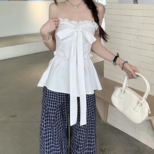 Sweet Wind White Bow Strap Tube Top Women's Summer French Ruffle Edge Chic Waist Slim Top