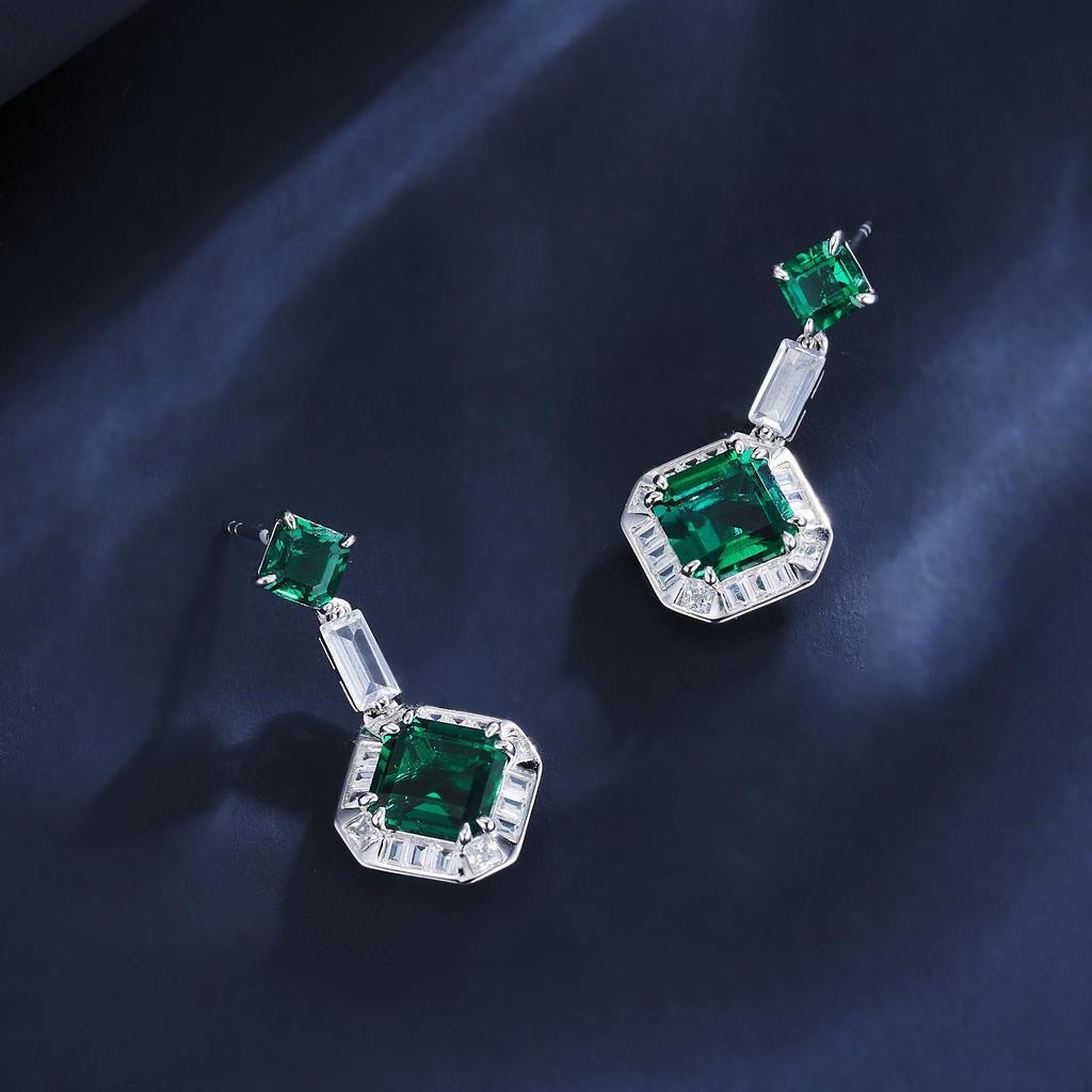 S925 Silver Square Emerald Double Halo Luxury Fashion Earrings for Women’s Banquet Dress Gift
