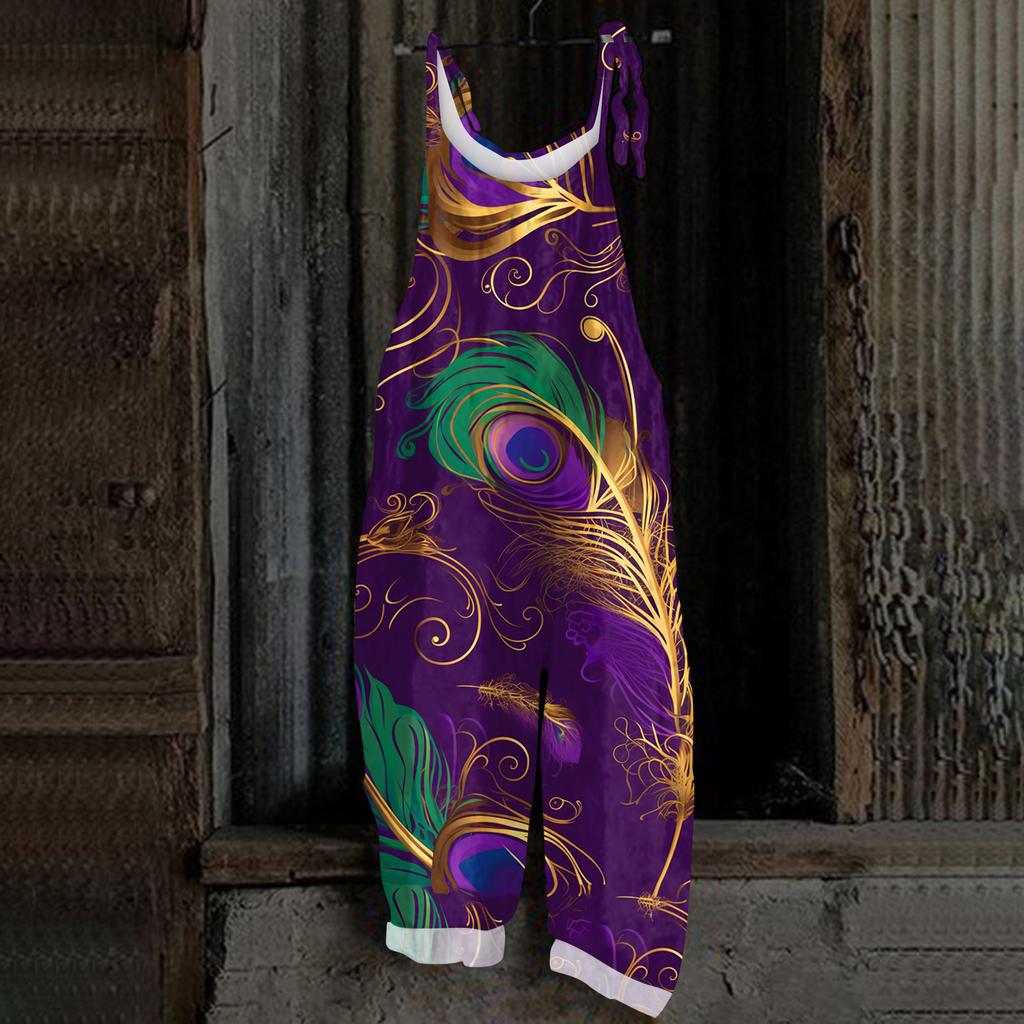 Women's Casual Jumpsuit Sleeveless Carnival Mask Print Loose Retro Overalls Jumpsuit