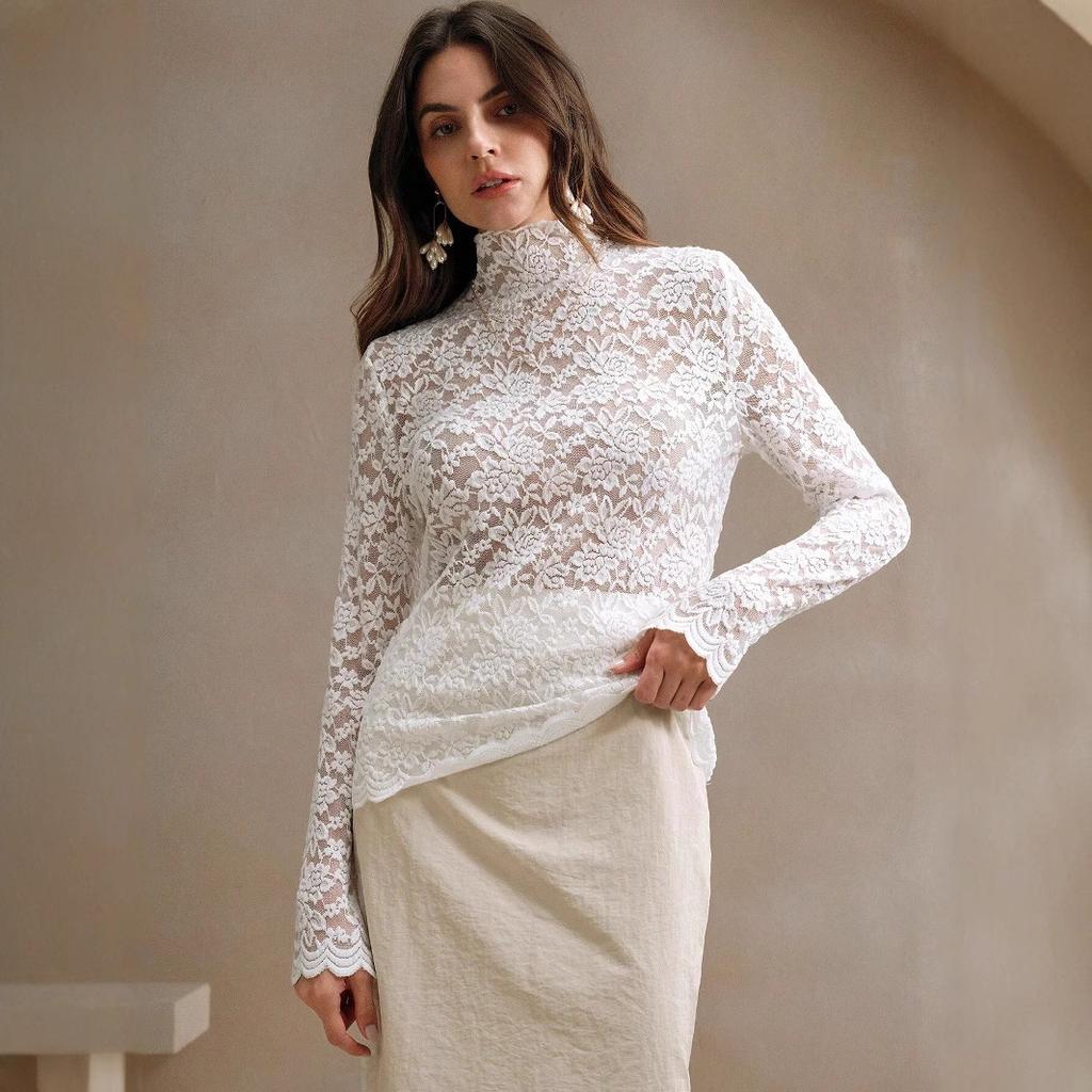Spring Women's Lace Long Sleeve Stretch High Neck T-Shirt