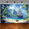 2D Flat Pirate Ship Adventure Polyester Background Fabric - Beach Scenes and Sailboats  Suitable for Party Backgrounds