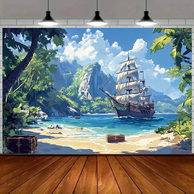 2D Flat Pirate Ship Adventure Polyester Background Fabric - Beach Scenes and Sailboats Suitable for Party Backgrounds