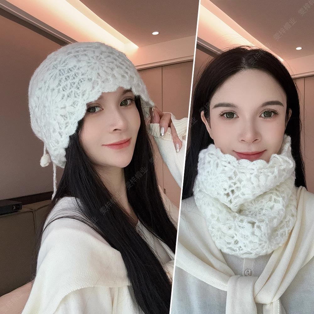 Autumn and winter one hat dual-purpose hollow scarf star warm pile cold hat big head circumference knitted wool hat