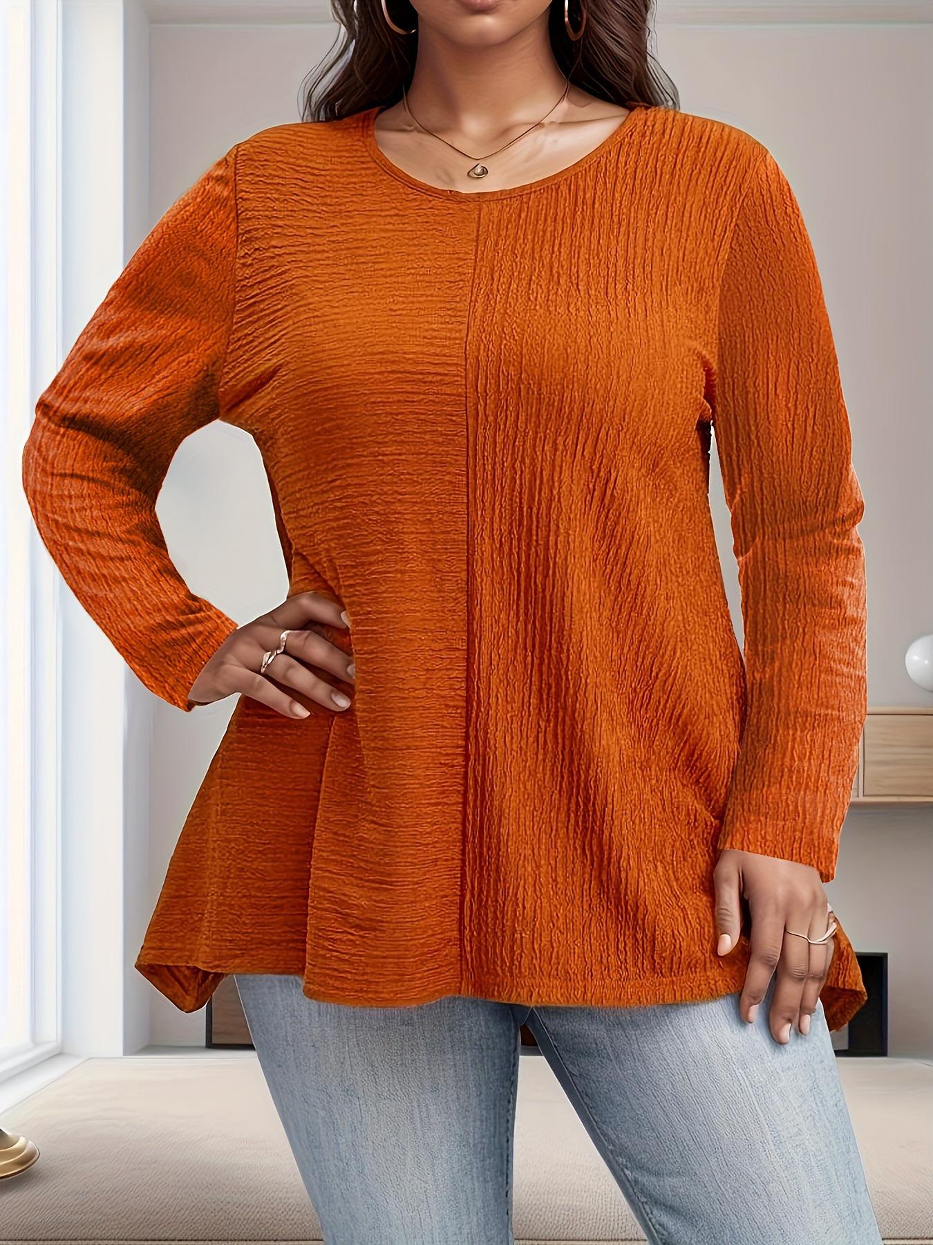 

2025 Autumn/Winter Plus Size Solid Color Patchwork Casual Long-Sleeved Women s T-shirt 3XL оранжевый