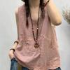 Women's Cotton and Linen Tank Embroidered Flower Top Summer