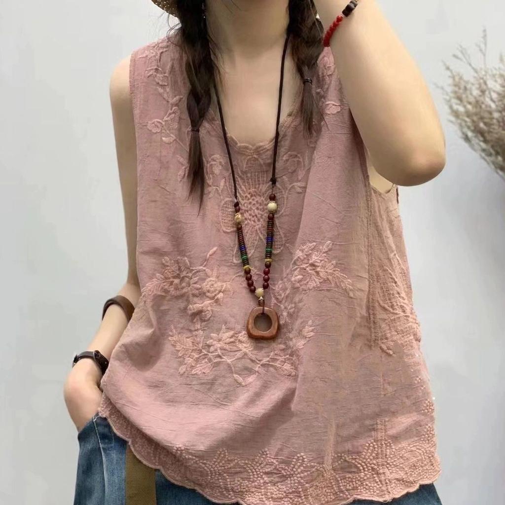 Canotta da Donna in Cotone e Lino con Fiore Ricamato Top Estivo