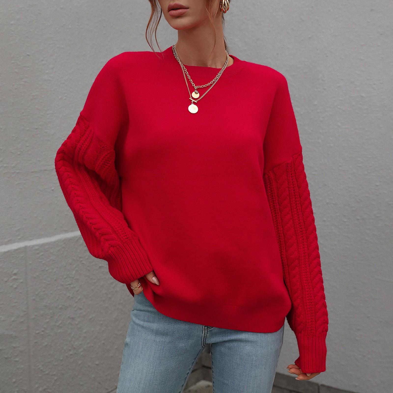 

Женский И Зимний Однотонный Вязаный Свитер-Пуловер с Круглым Вырезом и Длинным Рукавом M красный