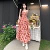 Seaside vacation wind beach dress summer suspender floral dress high waist thin versatile rose print dress