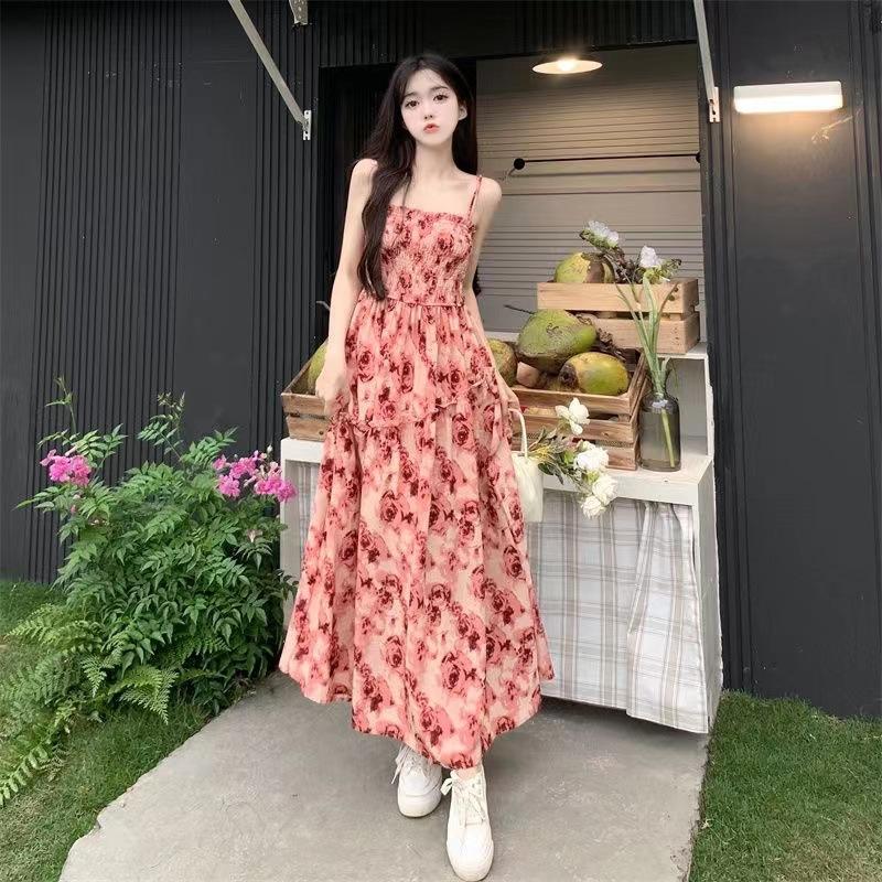 Seaside vacation wind beach dress summer suspender floral dress high waist thin versatile rose print dress