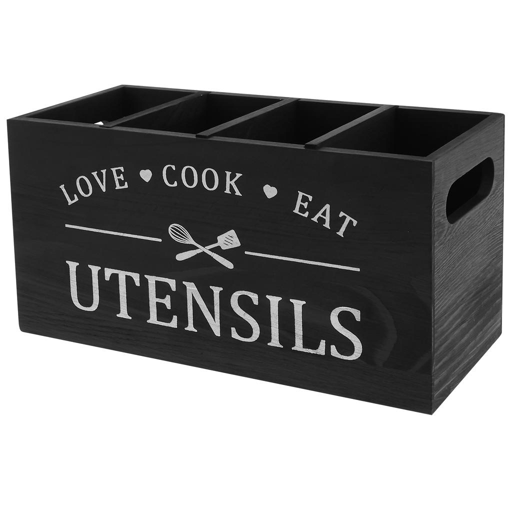 Rustic Wooden Utensil Holder 4 Compartments Kitchen Tableware Stand With Drainage Holes Countertop Flatware Organizer