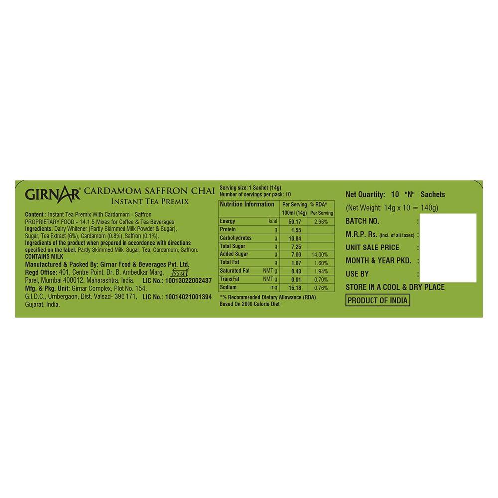 Girnar Instant Premix Tea With Cardamom Saffron 10 Sachets Convenient High Caffeine Chai