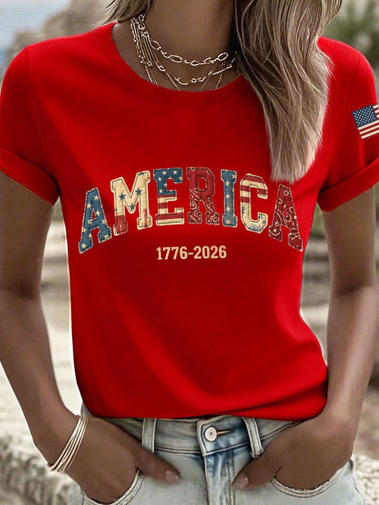 Women's 250th Anniversary Independence Day Digital Print T-shirt – Short Sleeve, Casual European & American Style