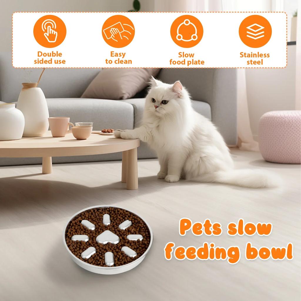 Anti Vomiting Slow Feeder Cat Bowl Stainless Steel Pet Slow Food Bowl with Double Sided Use for Small and Medium Sized Breed