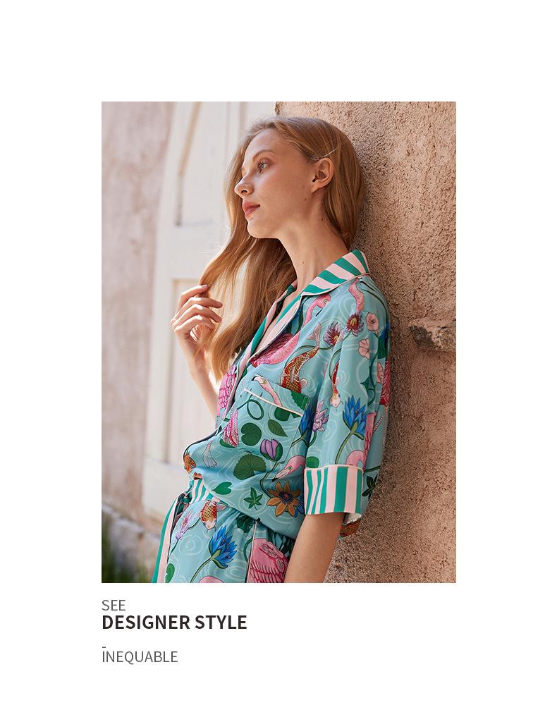 Flamingo IJszijde Zomer Pyjamaset voor Dames - Stijlvol, High-End, Buiten Draagbaar, Korte Mouwen Huispak