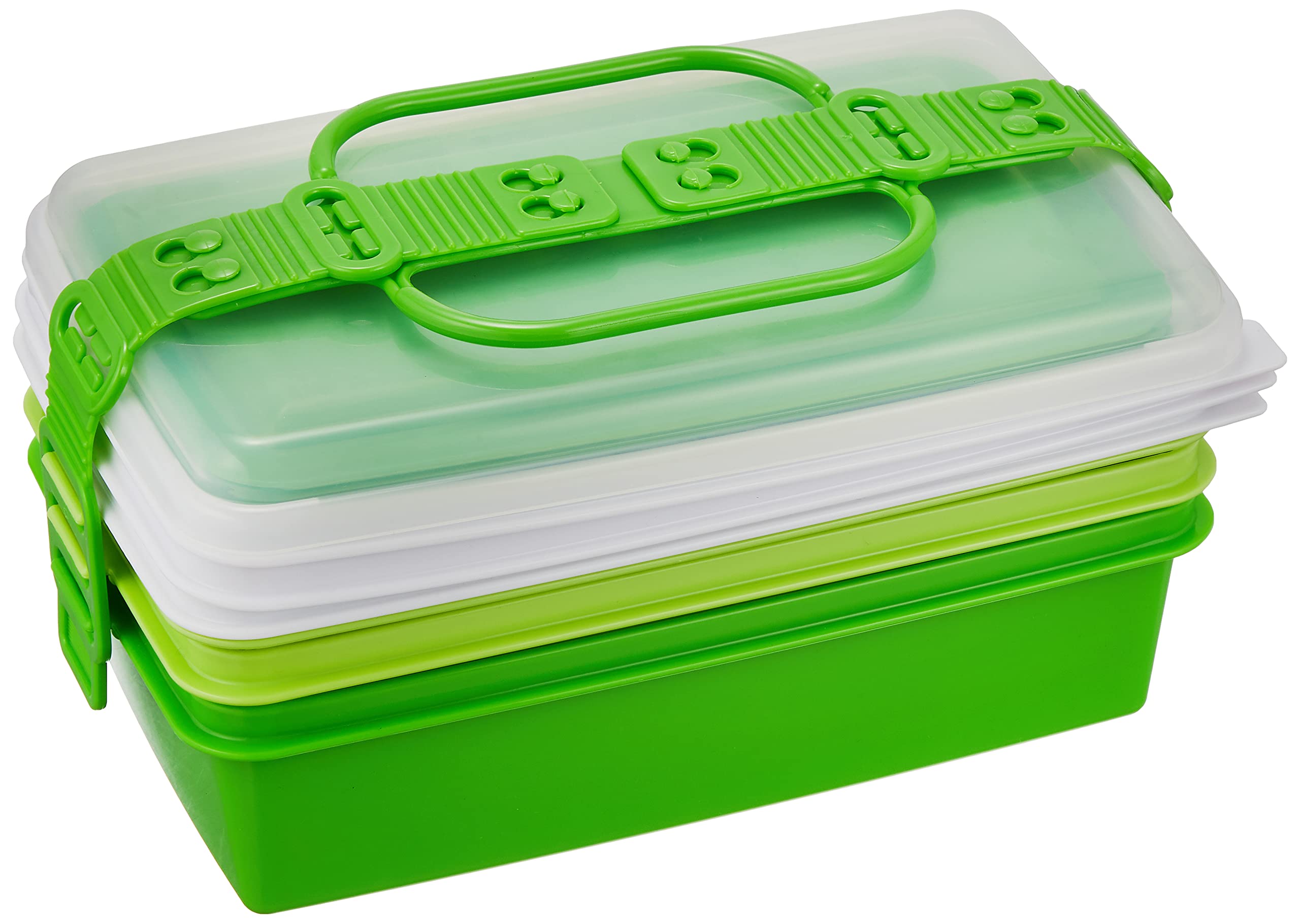 

Sanko Plastic Picnic Lunch Box Family Pack 3 Tier with 3 Side Green Plates, зелёный