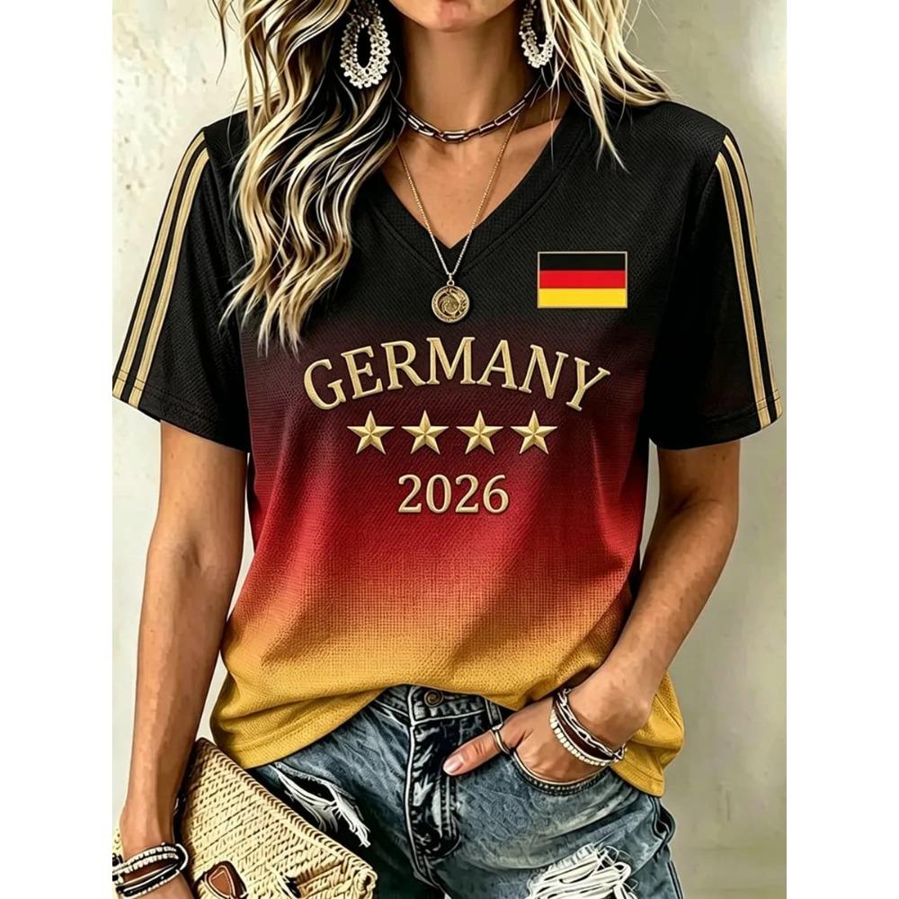 2026 Niemcy Piłka Nożna T-shirt z Dekoltem V Czarny Czerwony Żółty Niemiecka Flaga Rękaw Casualowy Sportowy Krótki Rękaw Koszulki Dopasowanie Rodzinne