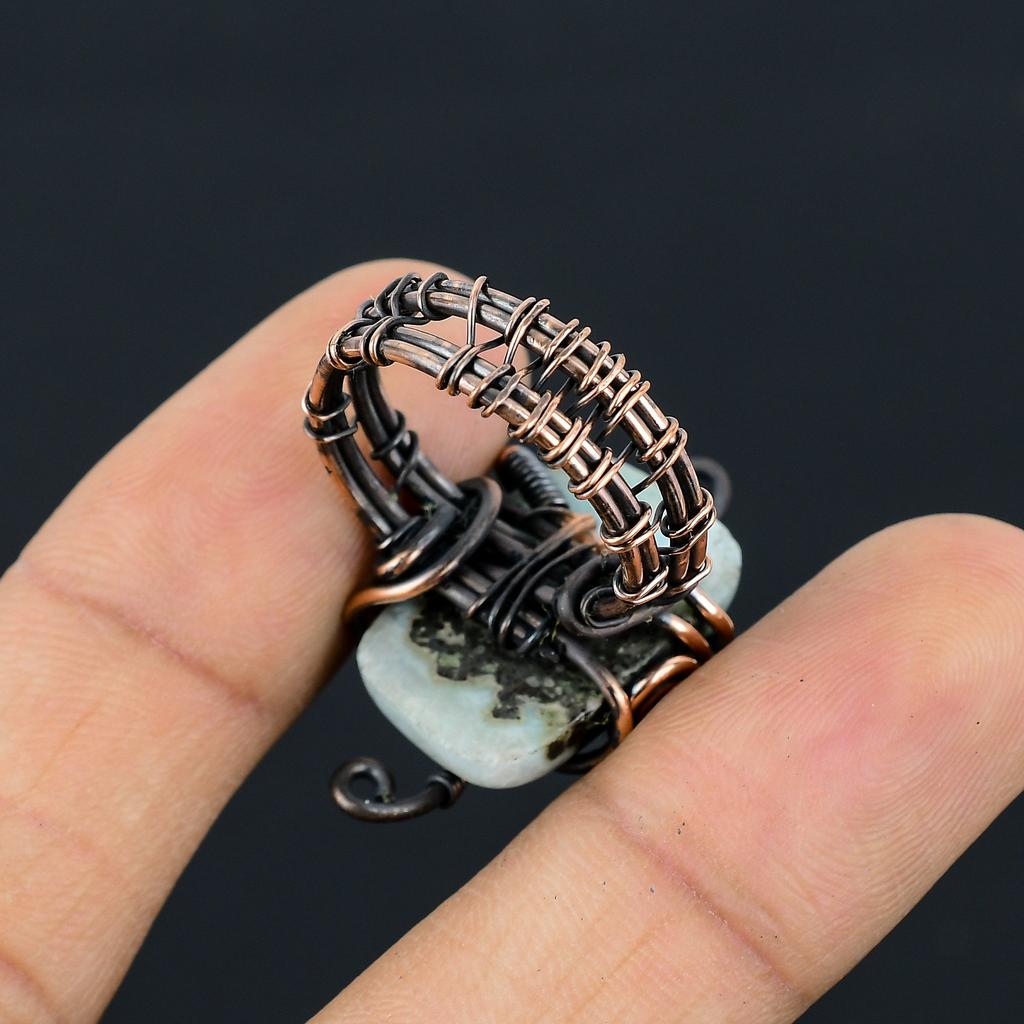 Natural Larimar Gemstone Handmade Copper Wire Wrap Gift Ring Size 8 Q8r40