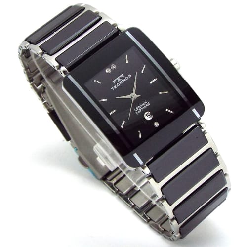 TECHNOS Men's Classic Ceramic Watch with Black Dial and Genuine Leather Bracelet (TSM903TB-SET)