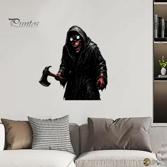 Creepy Ax Man Wall Decor Halloween Reaper Sticker, Scary Black Robed Demon with Decal, DIY Gothic Murals PVC Waterproof Art for Home Window Glass Easy