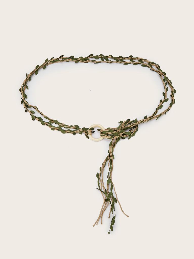 Creative Circular Wooden Buckle Decoration Leaf Branch Design Women Weaving Belt