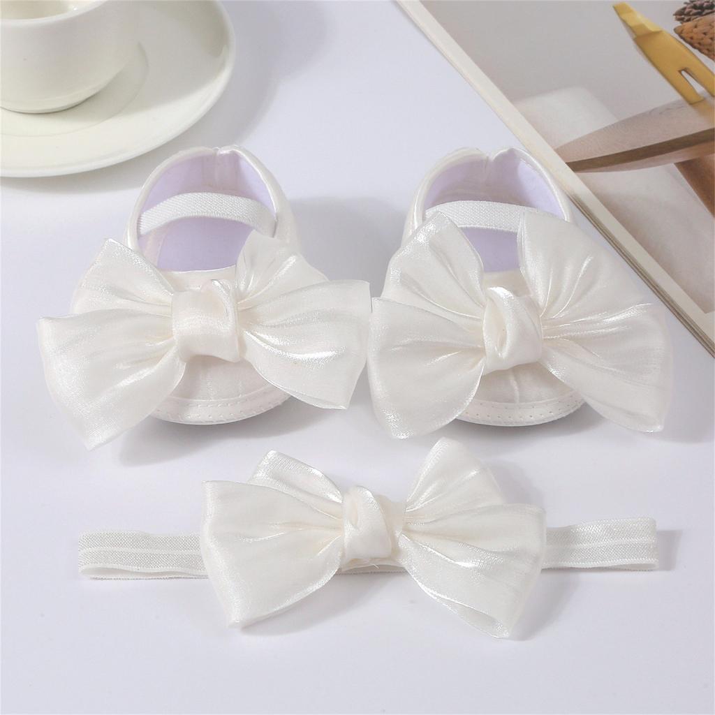 Baby Learning Shoes With Soft Sole, Bowknot, Glue, Non- Mesh, Solid Color Shoes + Hairband